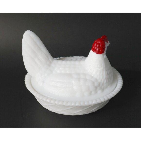Vintage Milk Glass Chicken on Nest Hen Candy Dish Hen on Nest Farmhouse Style - Picture 4 of 6